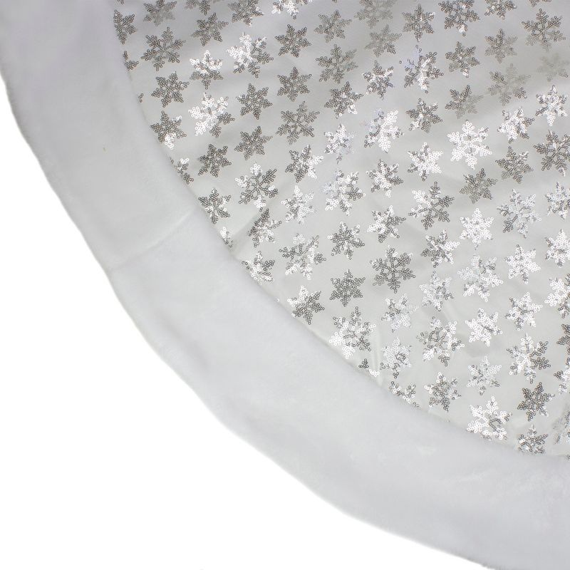 Northlight 60" White and Silver Sequin Snowflake Christmas Tree Skirt with Faux Fur Border, 3 of 4