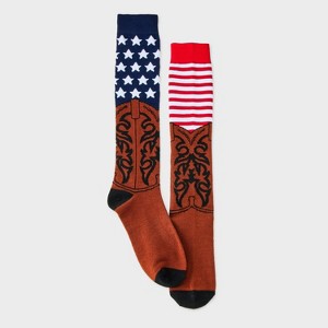 Women's American Flag Cowboy Boots Knee High Socks - Brown/Navy/Red 4-10: Recycled Polyester, Star Pattern - 1 of 3