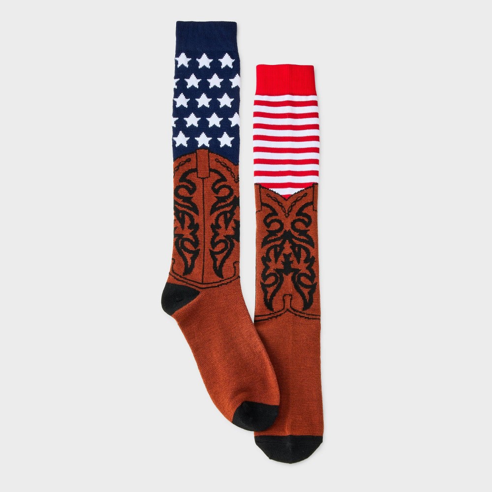 Women's American Flag Cowboy Boots Knee High Socks - Brown/Navy/Red 4-10: Recycled Polyester, Star Pattern