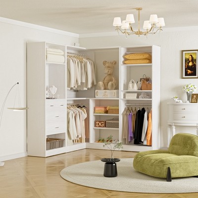 Aheaplus Wood Closet System, Freestanding Closet Organizer with Drawers and Mirror