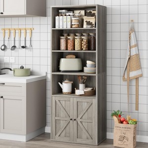 Farmhouse Style Grey Wood Bookcase with Doors - 4 Shelves, 11.8" Depth, 71.4" Height - for Living Room, Bedroom or Home Office Storage - 1 of 4