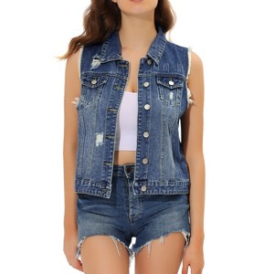 Allegra K Women's Turn Down Collar Button Closure Sleeveless Washed Distressed Denim Vest - 1 of 4