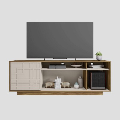 Oak and White Modern TV Stand with Chevron Pattern Cabinet for 70" Screens