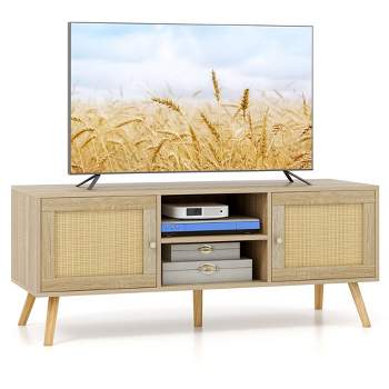 Tangkula Boho TV Stand PE Rattan Media Console Table w/ Cabinets & Open Shelves