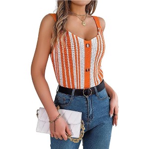 Women V Neck Contrasting Color Tops Button Knit Vest Hollow Out Spaghetti Strap Tank Top Orange S - 1 of 4