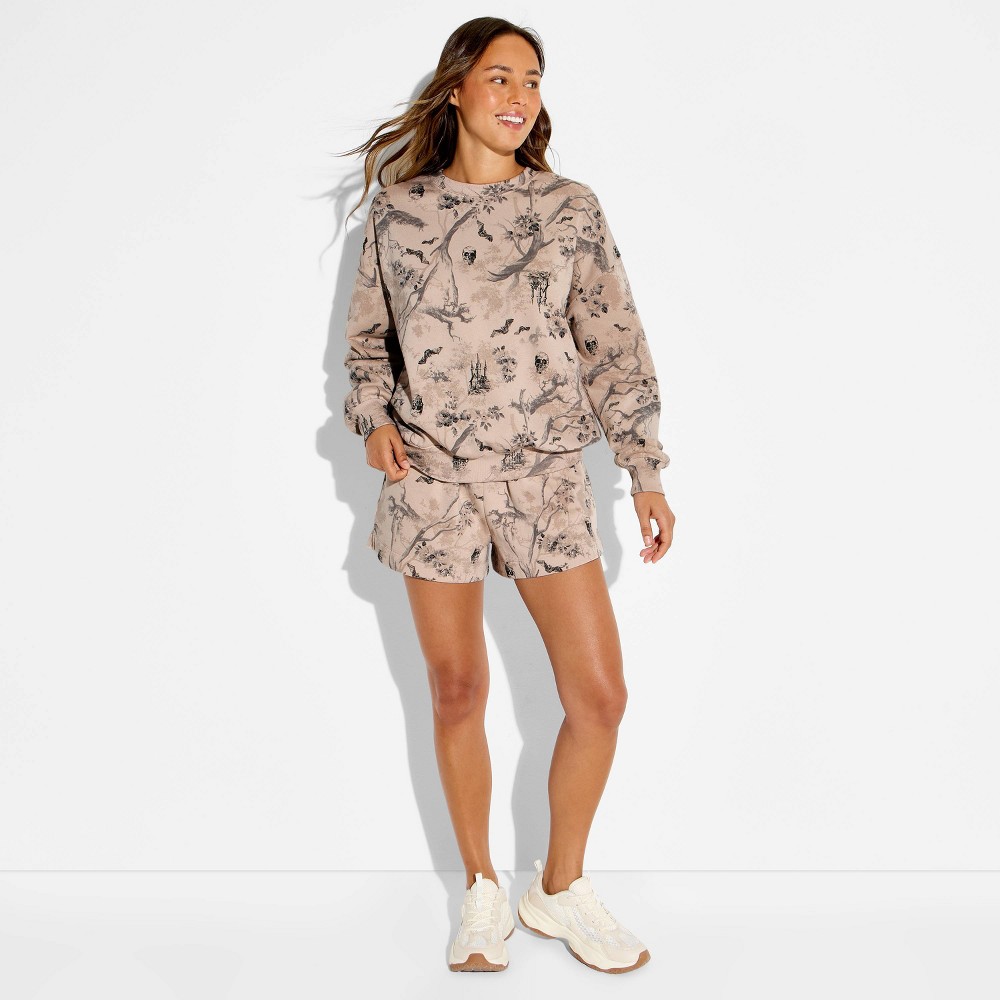 Women's Mid-Rise Woodsy Halloween Graphic Pull-On Shorts - Dark Taupe XS