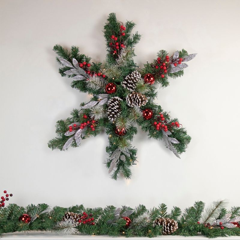 Northlight Pre-Lit Battery Operated Pine and Berries Snowflake Christmas Wreath - 32" - Warm White LED Lights, 2 of 5
