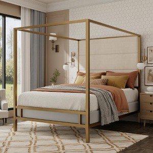 Polibi Canopy Bed with Upholstered Linen Headboard - 1 of 4