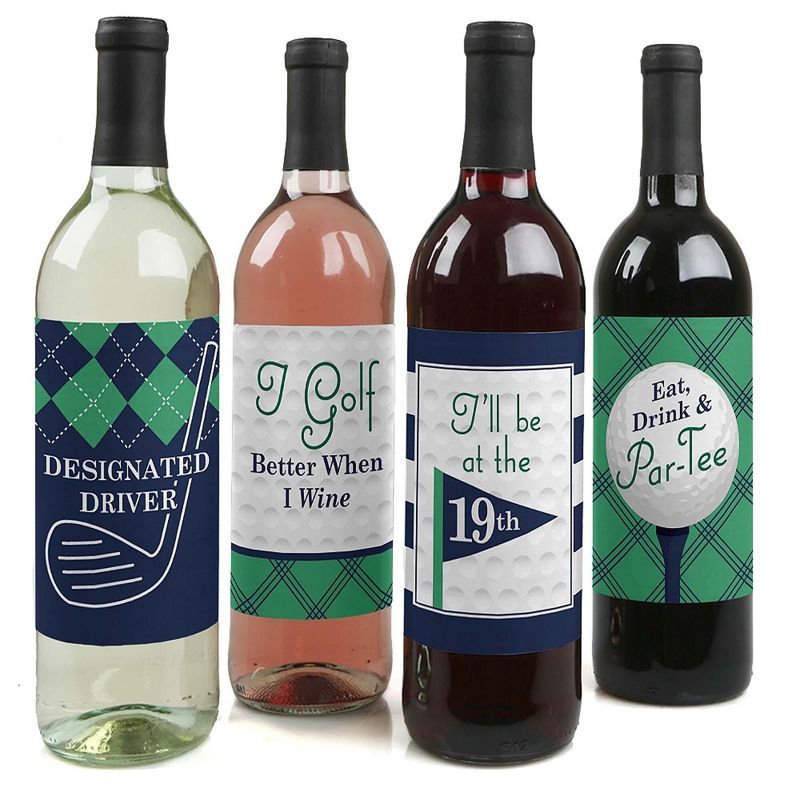 Big Dot of Happiness Par-Tee Time - Golf - Birthday or Retirement Party Birthday Party Gift for Women and Men - Wine Bottle Label Stickers - Set of 4, 1 of 9