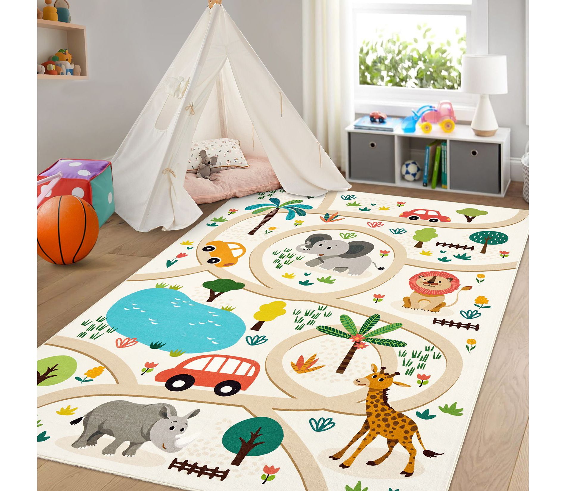 Machine Washable Kids Play Mat Cute Animals Rug with Non-Slip Backing Educational Low Pile Floor Carpet for Children Nursery Playroom Toddler Room