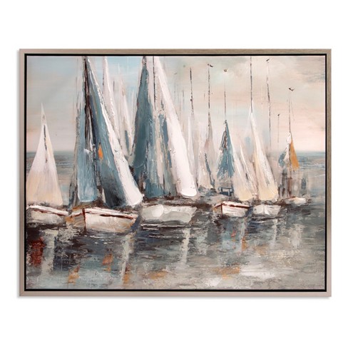 30 X38 Painterly Sailboats Coastal Framed Canvas Art Silver
