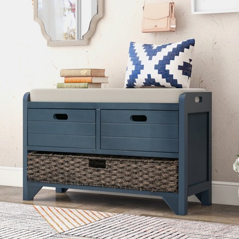 Entryway Storage Bench with Cushioned Seat, Shoe Rack and Drawers Antique  Navy-ModernLuxe