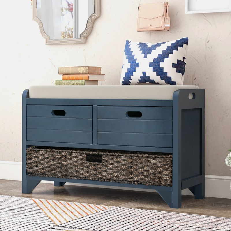 Entryway Storage Bench with Removable Basket and 2 Drawers, Fully Assembled Shoe Bench with Removable Cushion-ModernLuxe, 1 of 11
