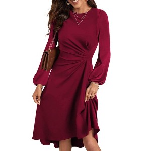 Women's Long Sleeve Ruched Waist Flowy A Line High Low Midi Cocktail Party Dress - 1 of 4