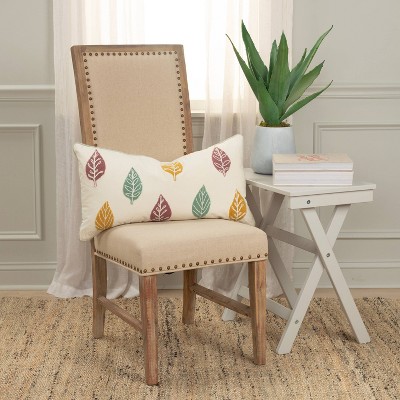 Ivory Embroidered Cotton Botanical Lumbar Throw Pillow