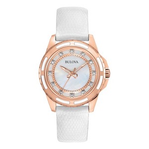 Bulova Ladies' Classic Diamond 3-Hand Quartz Stainless Steel Watch, 12 Diamonds, Mother-of-Pearl Dial, Rose Gold/White Leather Strap - 1 of 3