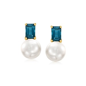 Ross-Simons 8-8.5mm Cultured Pearl and 1.20 ct. t.w. London Blue Topaz Earrings in 18kt Gold Over Sterling - 1 of 3