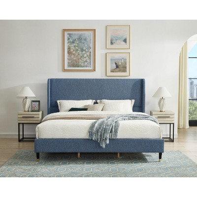 Roundhill Furniture Arles 3-Piece Upholstered Bedroom Set, Wingback Platform Bed with Two Nightstands
