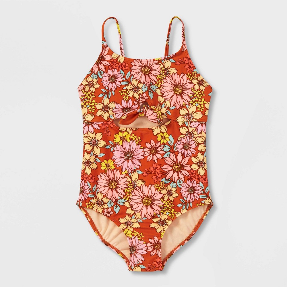 Girls' Floral Print One Piece Swimsuit - Cat & Jack Brown XL Plus