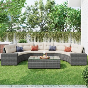 8 Piece Rattan Round Modern Garden Sofa Sets,Outdoor Patio Furniture Conversation Sets with Cushions,Half-Moon Wicker Sectional Sofas-Coolbibila - 1 of 4