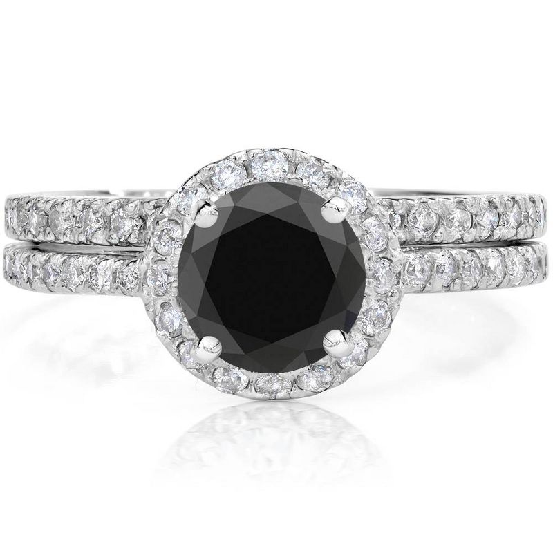Pompeii3 2 1/2 Ct Treated Black Diamond Halo Engagement Wedding Ring Set 14K White Gold, 2 of 6
