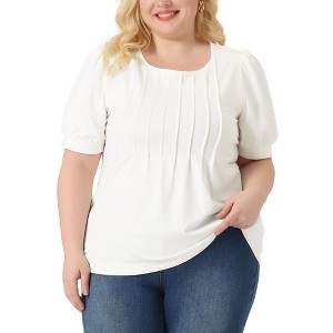 Agnes Orinda Women's Plus Size Puff Short Sleeve Crew Neck Pleated Tunic Blouses - 1 of 4