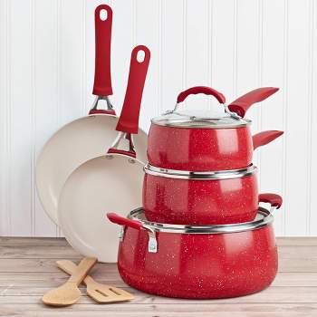 Red Volcano Textured Ceramic Nonstick, 10 Piece Cookware Pots and Pans Set  with Stainless Steel Handles, PFAS PFOA & PTFE Free, Dishwasher Safe, Oven