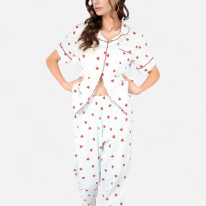 Anna-Kaci Lounge Women's Red Heart Print Pajama Set with Short Sleeve Button-Up Top and Relaxed Fit Elastic Waist Pants - 1 of 4