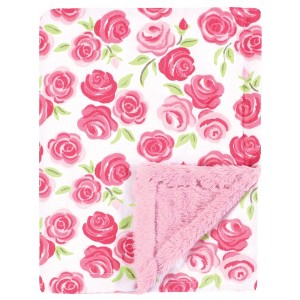 Hudson Baby Girls Plush Blanket with Furry Binding and Back, Pink Roses, One Size - 1 of 2