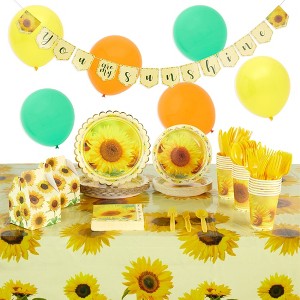 Sparkle and Bash 207 Piece Serve 24 Sunflower Party Dinnerware Set, Tablecloth, Treat Bag & Balloon for Baby Shower Decorations - 1 of 4