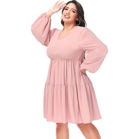 Anna Kaci Women s Plus Size Tunic V Neck Long Sleeve Smocked Casual Loose Shift Dresses 3X Pink