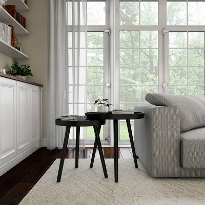 Black Round Wood Nesting End Tables with Tray Top
