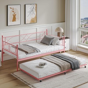 Twin Size Daybed Sofa Bed Frame with Trundle, Heavy Duty Metal Platform Bed with Slats, Lockable Casters, Headboard for Bedroom Living Room - 1 of 4
