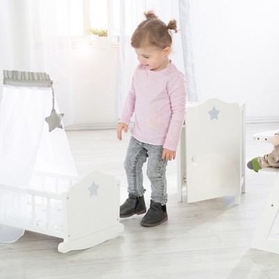 White and Gray Wooden Doll Cradle with Star Canopy