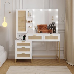 Vanity Benches, Modern Makeup Vanity Desk with Adjustable Mirror, Built in Charging Station, 5 Drawers - 1 of 4