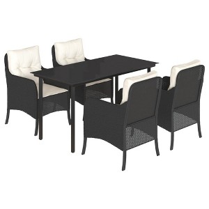 vidaXL - 5 Piece Black Poly Rattan Patio Dining Set with Cushions - PE Rattan, Tempered Glass Tabletop, Steel Frame - 1 of 4