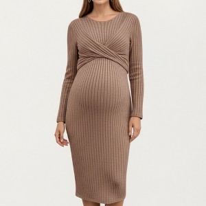Anna-Kaci Women's Ribbed Knit Maternity Dress with Long Sleeves and Front Twist Detail for Stretch Comfort and a Smooth, Fit - 1 of 4