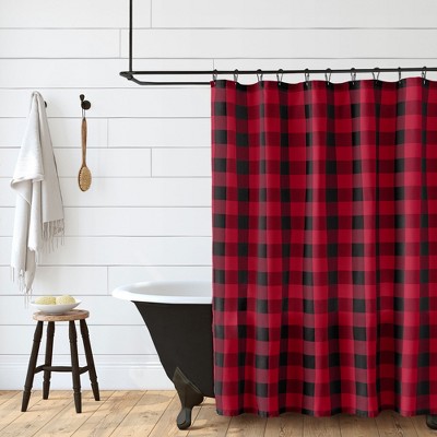 Farmhouse Living Buffalo Check Rustic Holiday Christmas Fabric Shower Curtain - 72" x 72" - Red/Black - Elrene Home Fashions