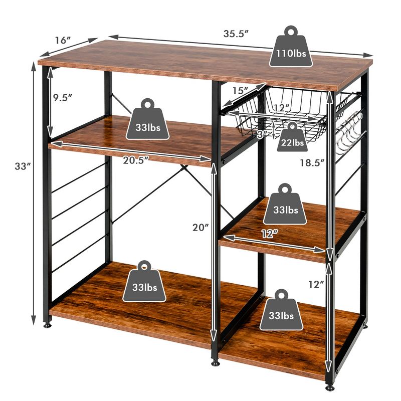 Costway Industrial Kitchen Baker's Rack Microwave Stand Utility Home Shelf w/ 6 Hooks, 3 of 10