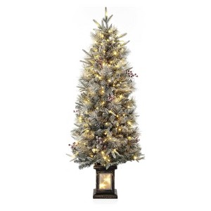 4.5ft Snow Flocked Pre-Lit Christmas Tree with 200 Lights, 8 Modes, Red Berries and Pot Base - 1 of 4