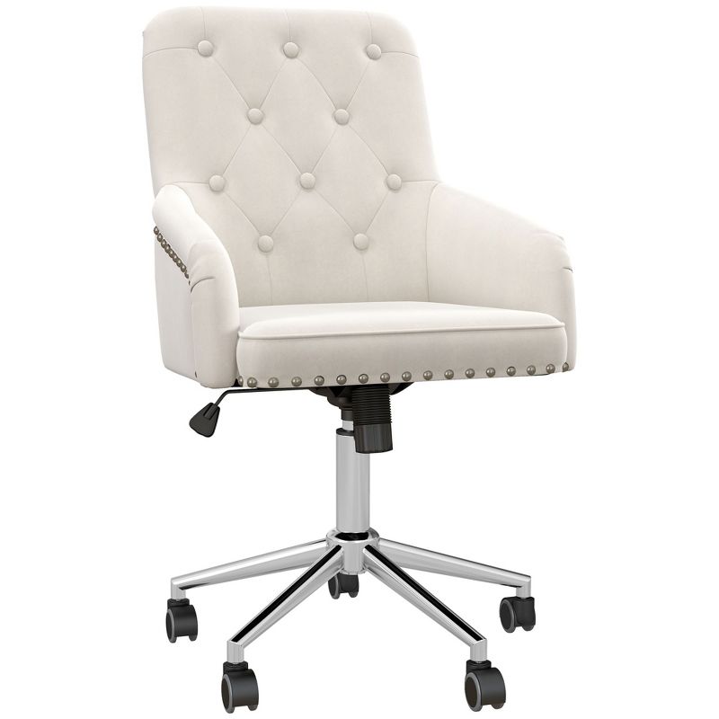 HOMCOM Modern Mid-back Desk Chair with Button Tufted Velvet Back, Nailhead Trim, Swivel Home Office Chair with Adjustable Height, Curved Padded Armrests, 1 of 10
