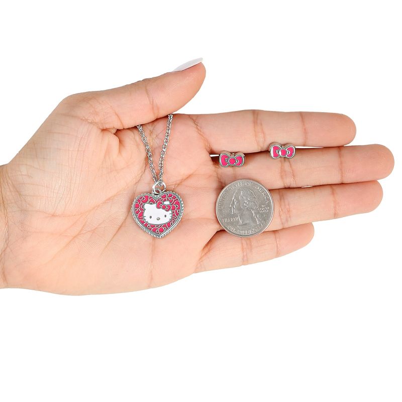 Sanrio Hello Kitty Fashion Jewelry Set Heart Necklace with Bow Studs, Officially Licensed, 4 of 6