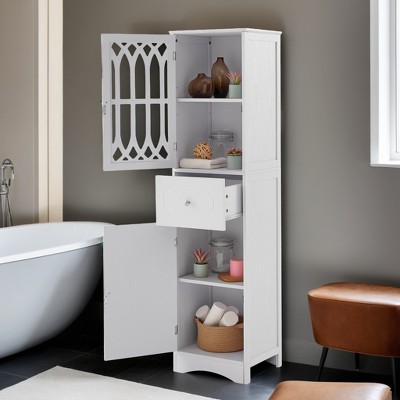 Slim Tall Bathroom Storage Cabinet with Adjustable Shelf, Drawer and 2 Doors, Freestanding Linen Tower - Leovsnove