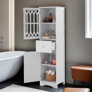 Slim Tall Bathroom Storage Cabinet with Adjustable Shelf, Drawer and 2 Doors, Freestanding Linen Tower - Leovsnove - 1 of 4