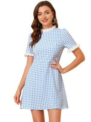 Allegra K Women's Summer Ruffle Neck Lace Panel Short Sleeve Check Gingham Dress
