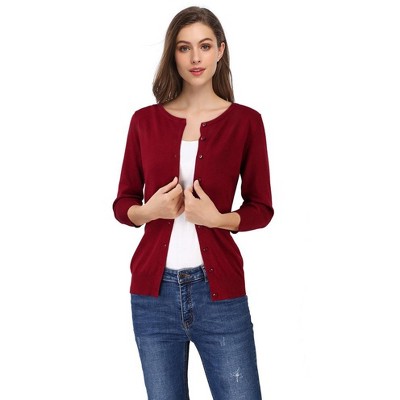 WhizMax Women Fitted Round Neck 3/4 Sleeve Button-Up Knit Cardigan