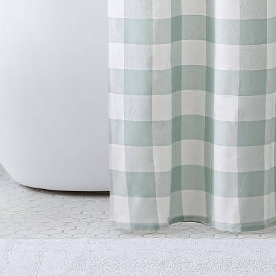 Green Plaid Cotton Shower Curtain with Buttonhole Top