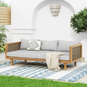 Christopher Knight Home Claremont Acacia and Rattan PE Outdoor 3 Seater Daybed with Cushions - 1 of 4