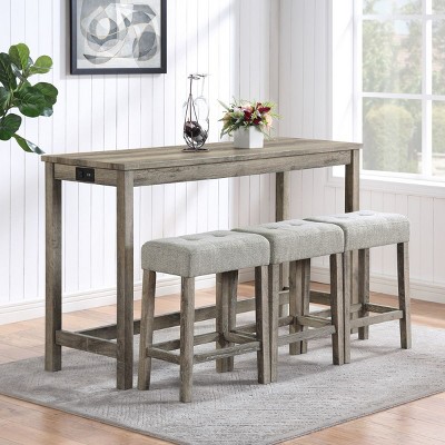 Bar Table Set with Power Outlet,Bar Table and Chairs Set,4 Piece Dining Table Set,Industrial Breakfast Table Set-Maison Boucle