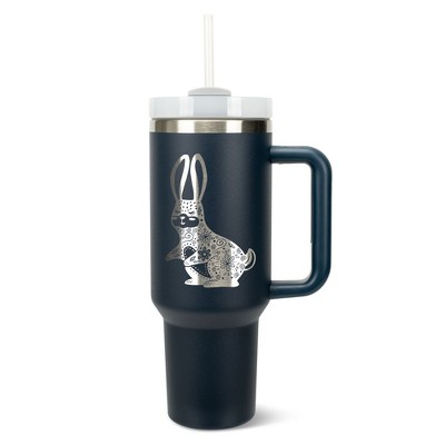 Elanze Designs 40 Ounce Travel Tumbler With Straw and Lid Stainless Steel Double Wall Insulated Gentle Floral Rabbit Navy Blue